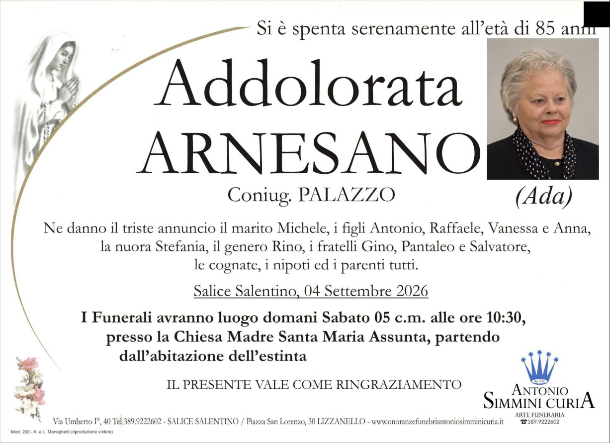 Necrologio di Addolorata Arnesano