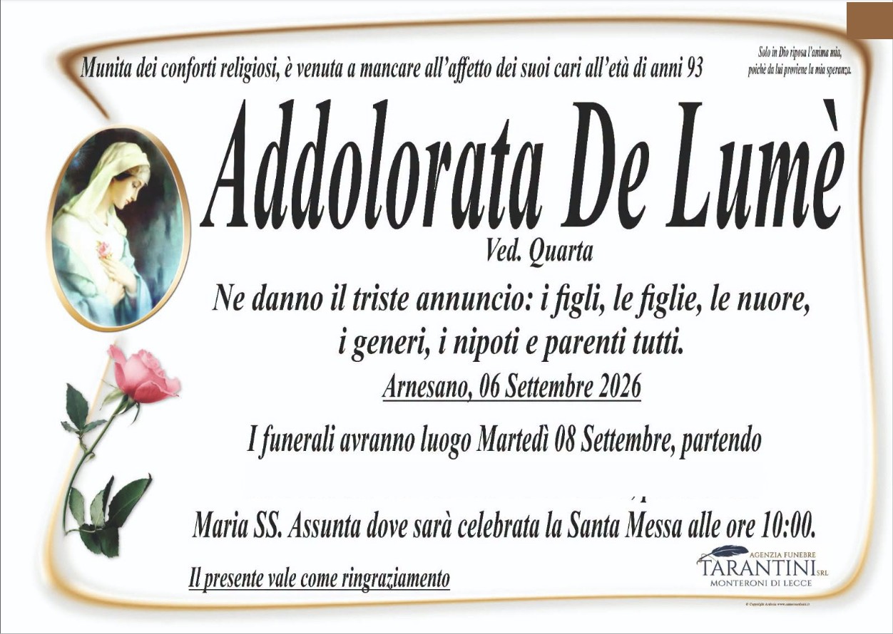Necrologio di Addolorata De Lumè