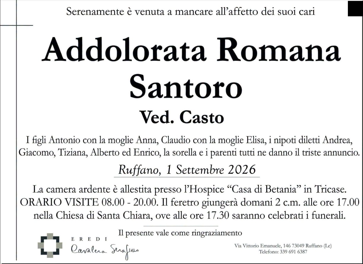 Necrologio di Addolorata Romana Santoro