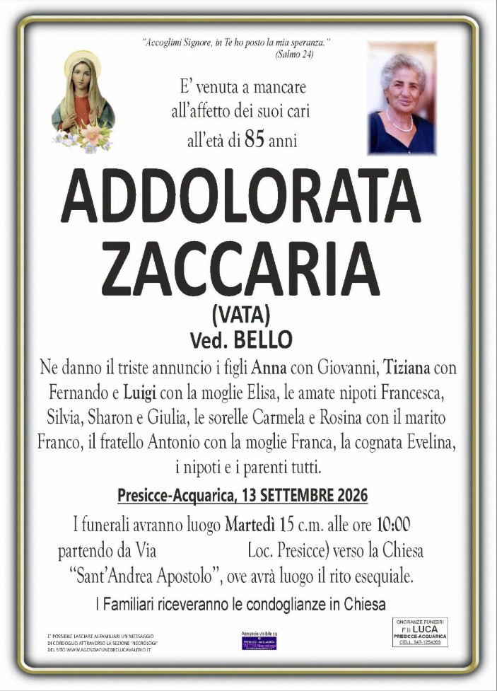 Necrologio di Addolorata Zaccaria
