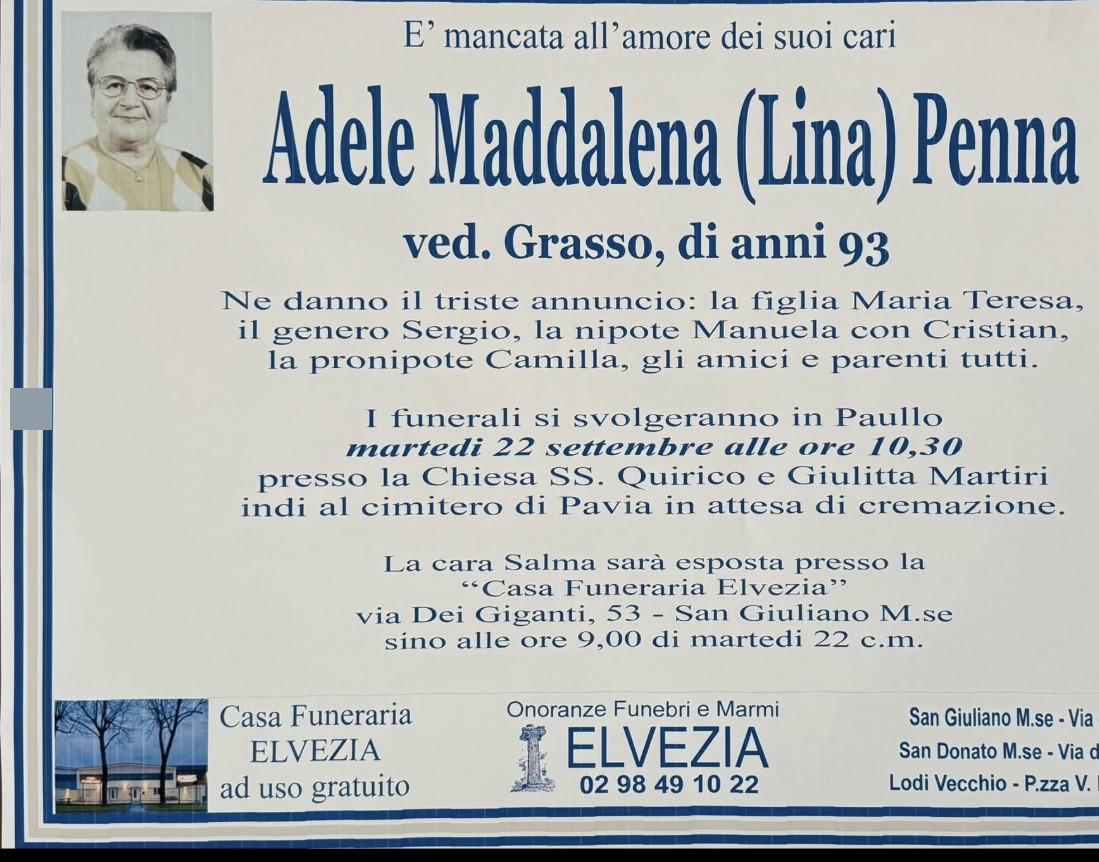 Necrologio di Adele Maddalena Penna