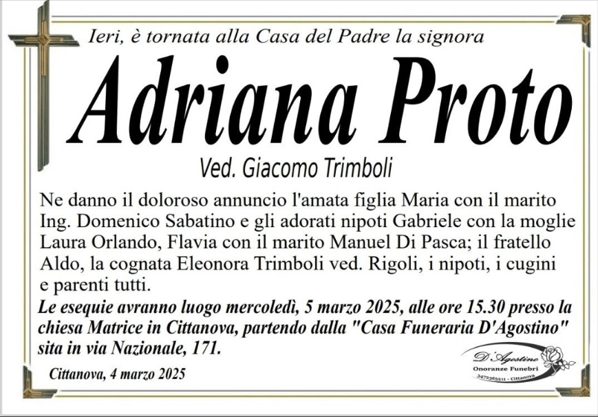 Necrologio di Adriana Proto