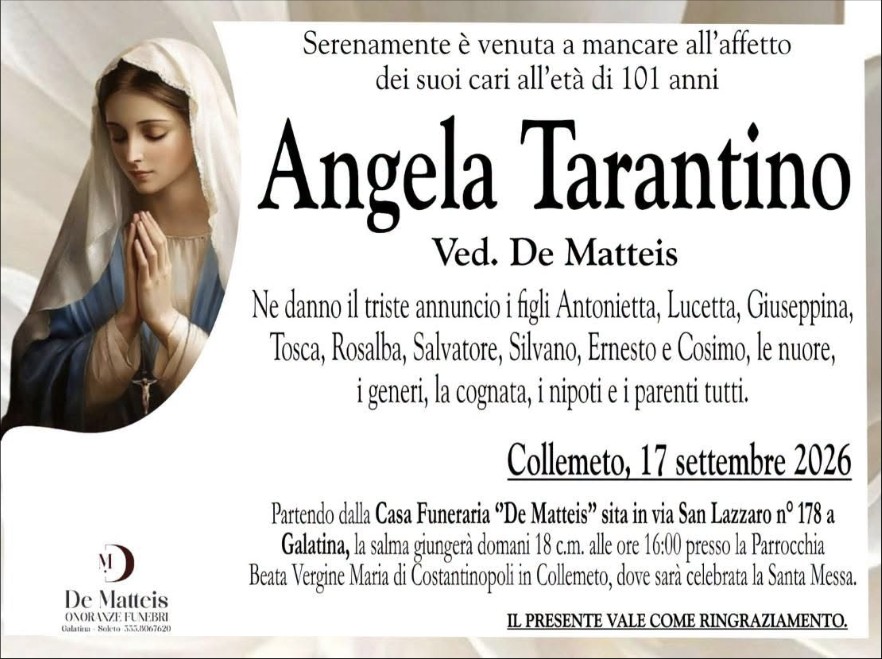 Necrologio di Angela Tarantino