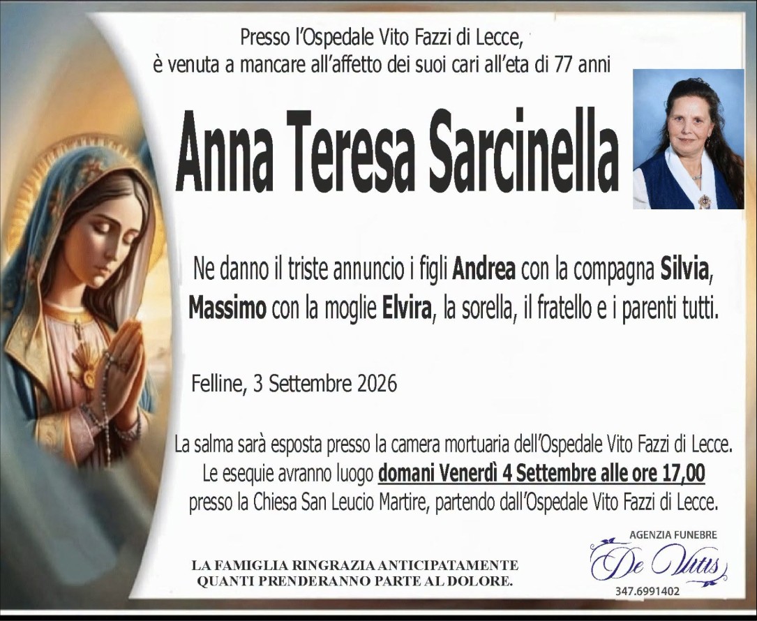 Necrologio di Anna Teresa Sarcinella