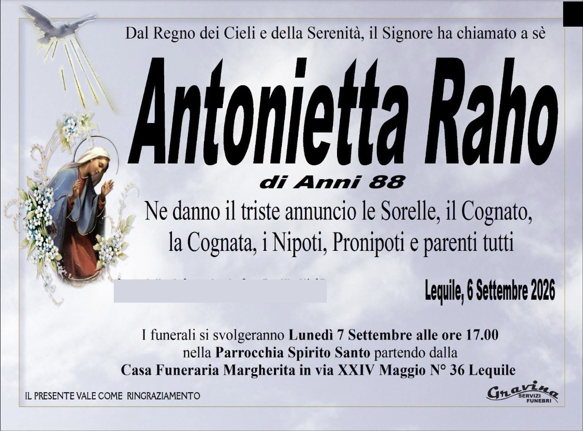 Necrologio di Antonietta Raho