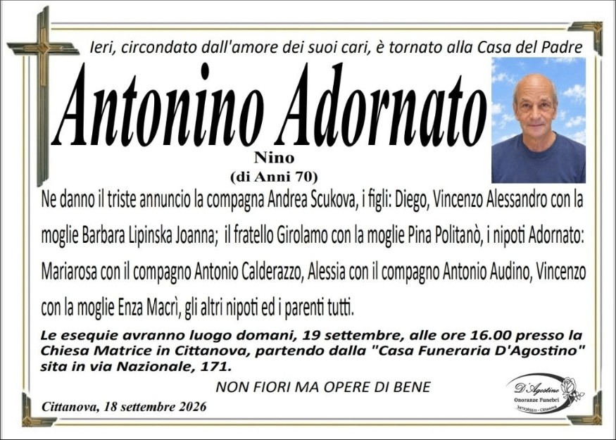 Necrologio di Antonino Adornato