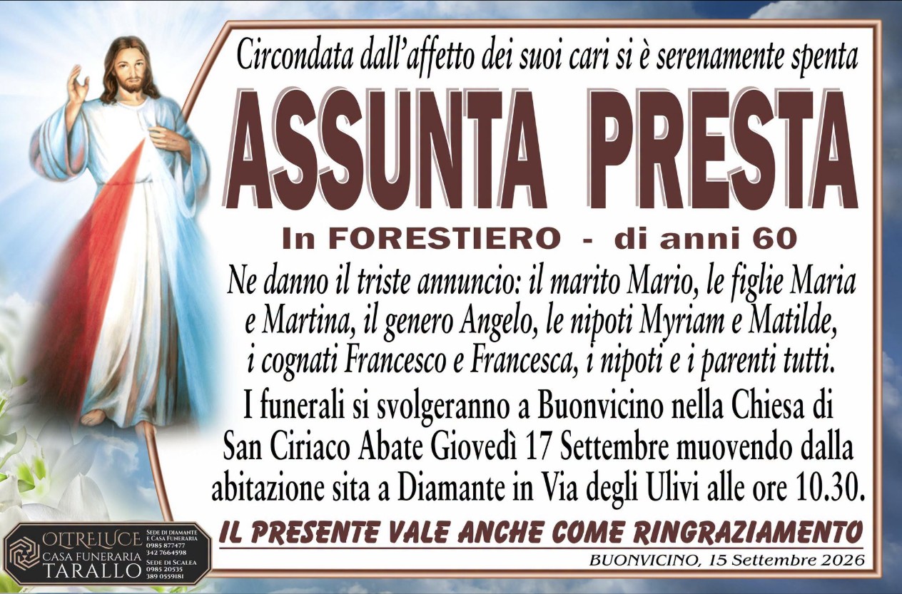Necrologio di Assunta Presta