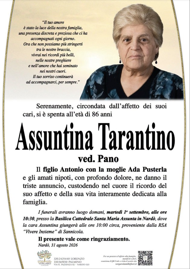 Necrologio di Assuntina Tarantino