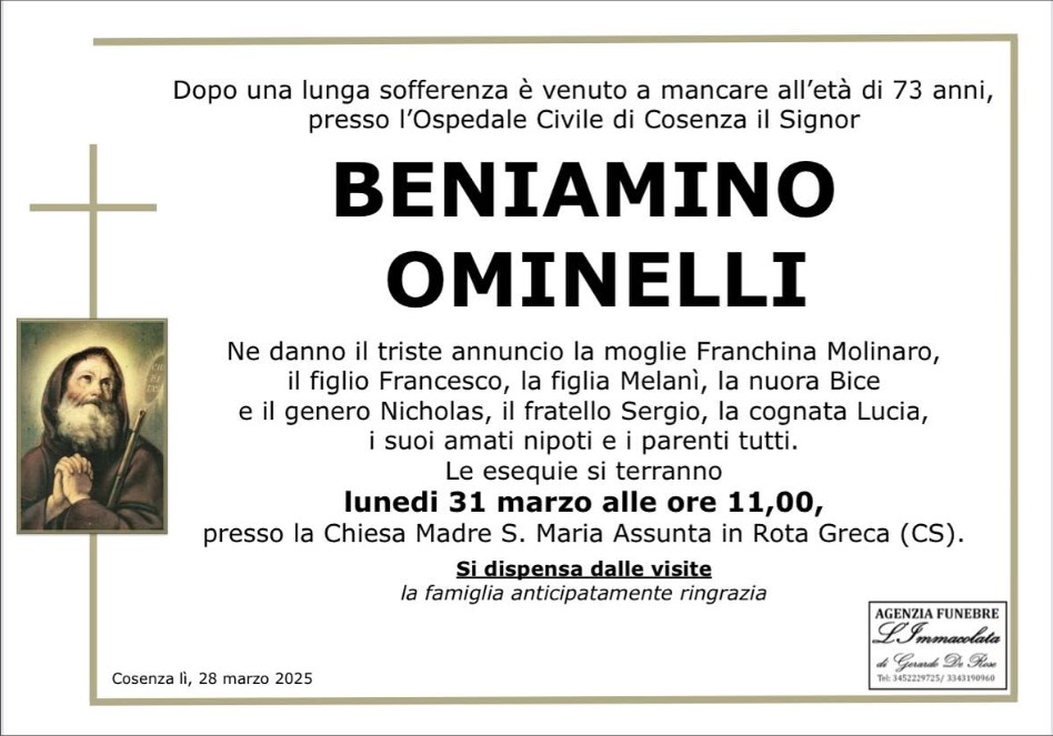 Necrologio di Beniamino Ominelli