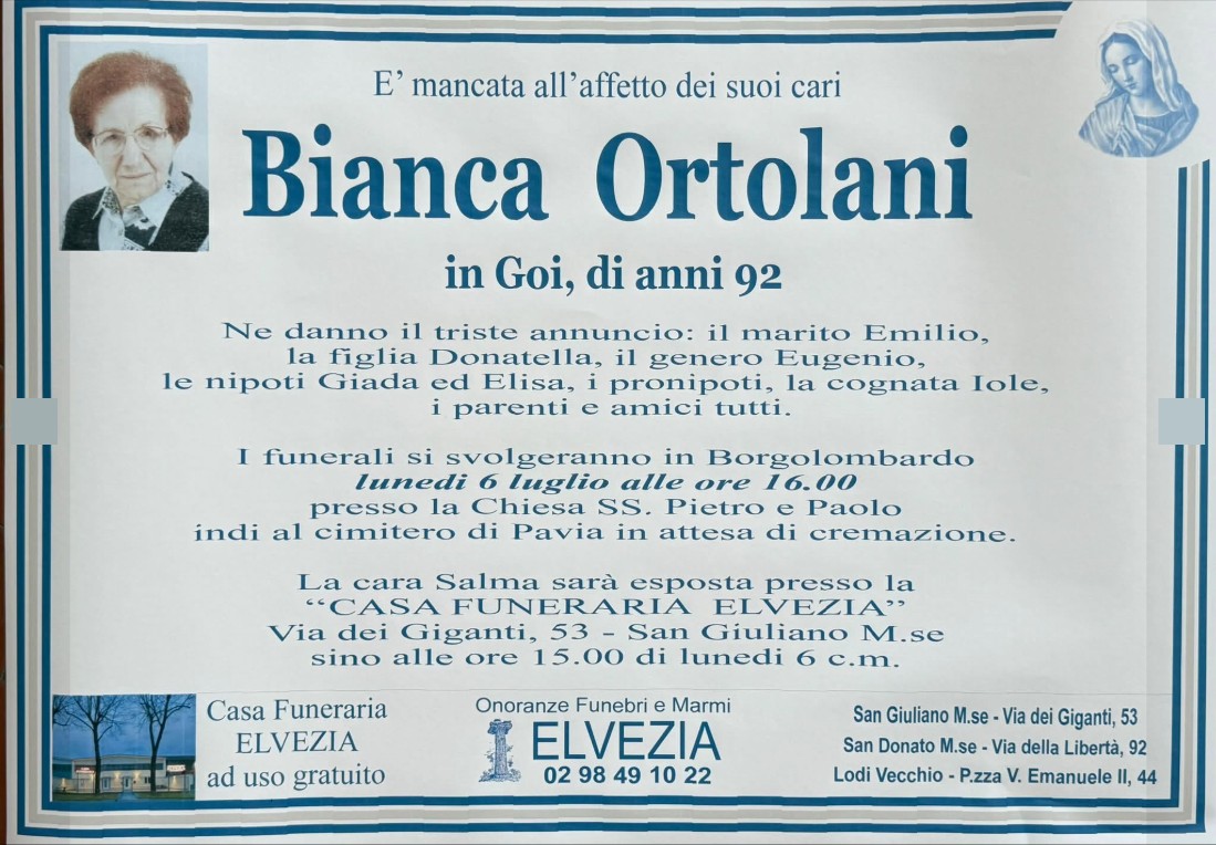 Necrologio di Bianca Ortolani