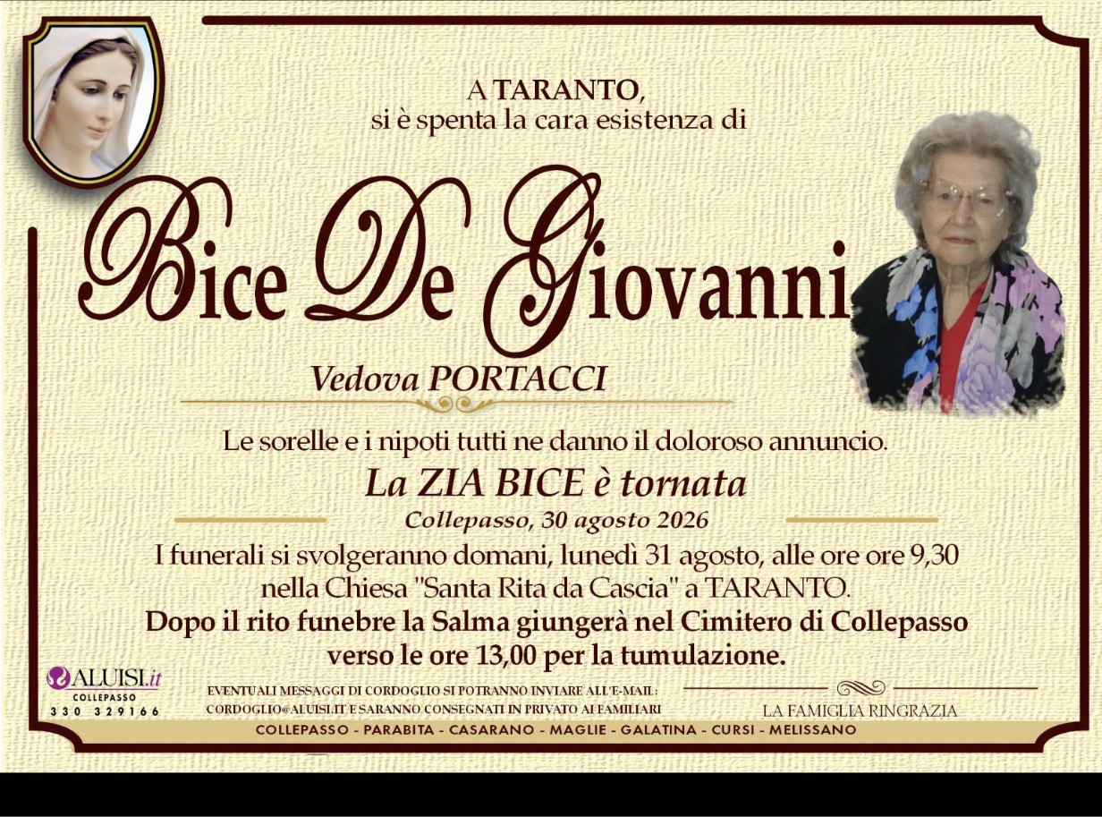 Necrologio di Bice De Giovanni