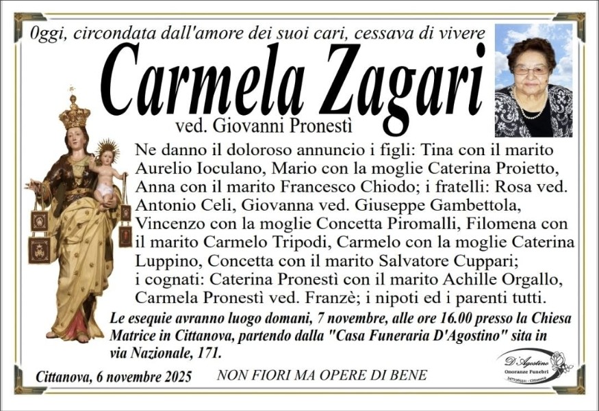 Necrologio di Carmela Zagari