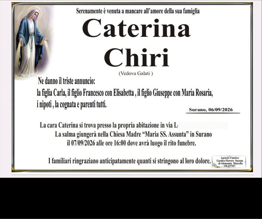 Necrologio di Caterina Chiri