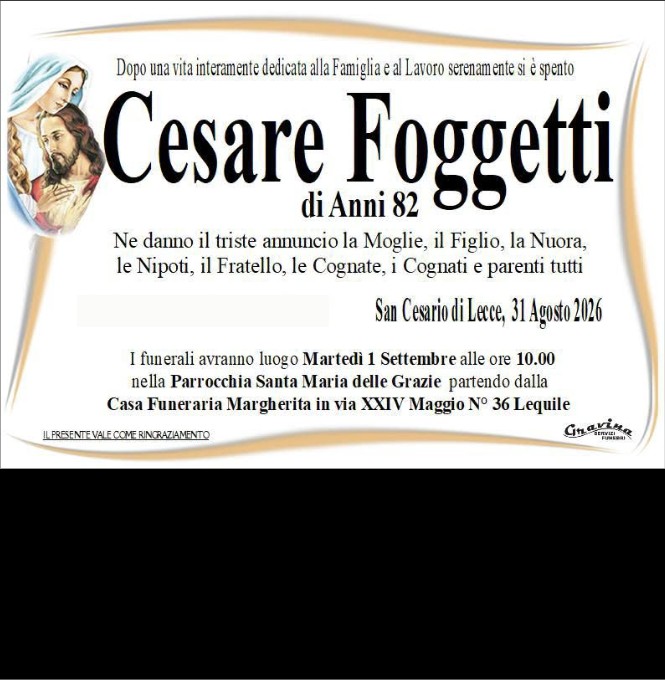 Necrologio di Cesare Foggetti