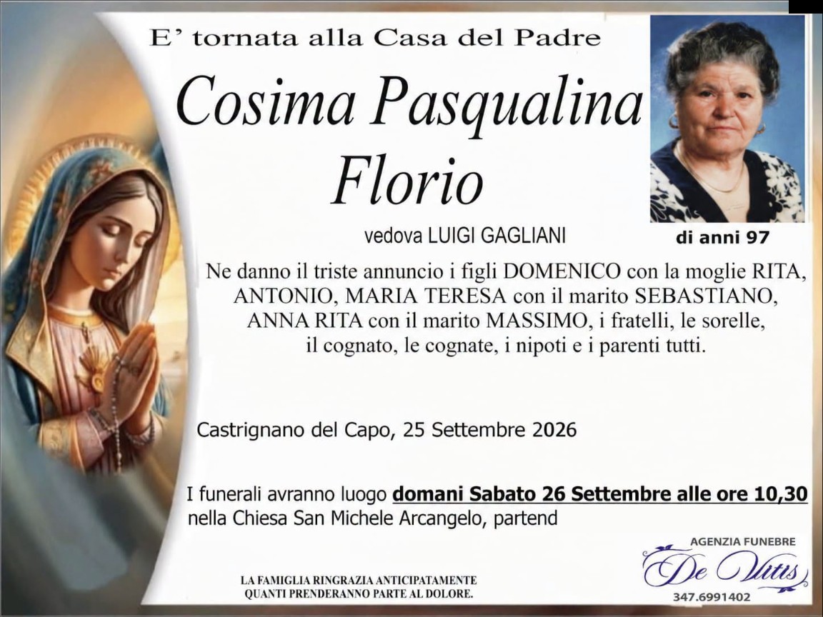 Necrologio di Cosima Pasqualina Florio