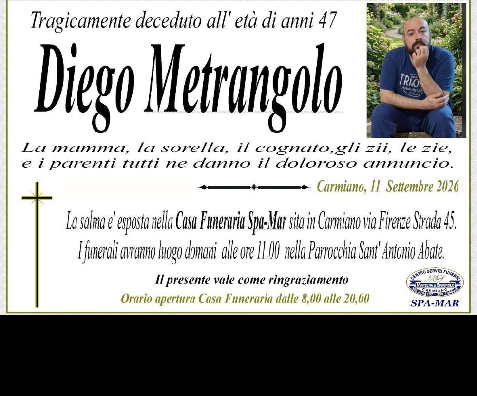 Necrologio di Diego Metrangolo