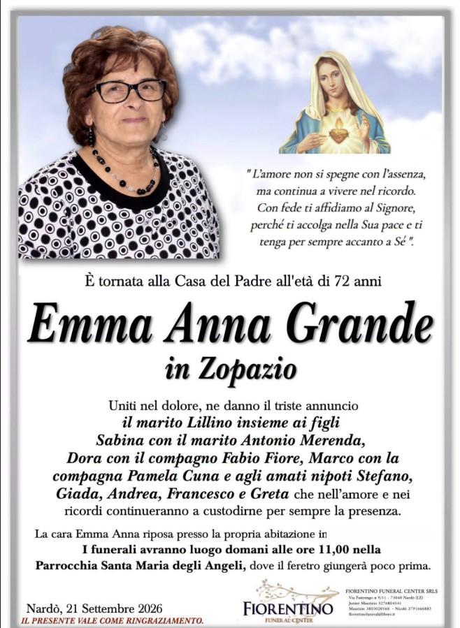 Necrologio di Emma Anna Grande