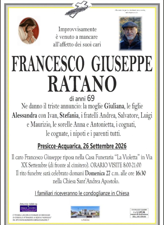 Necrologio di Francesco Giuseppe Ratano