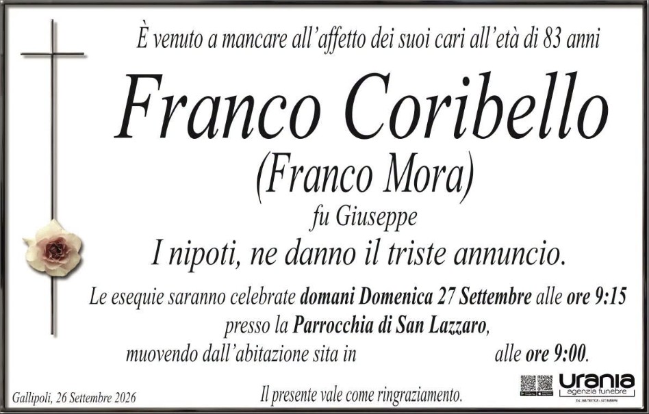 Necrologio di Franco Coribello