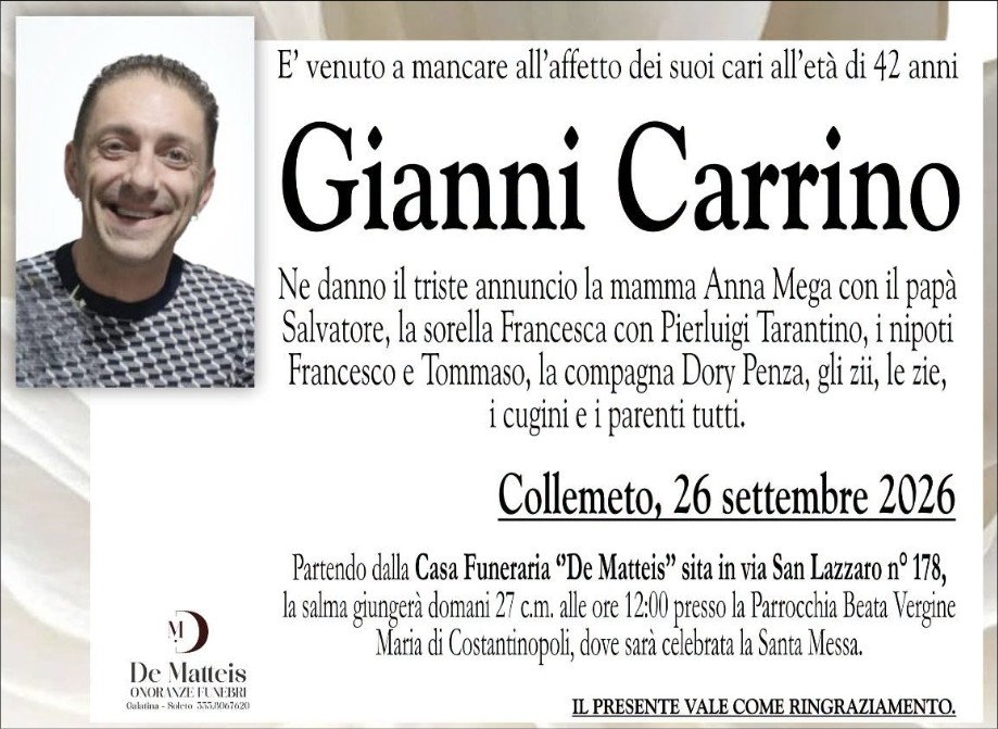 Necrologio di Gianni Carrino