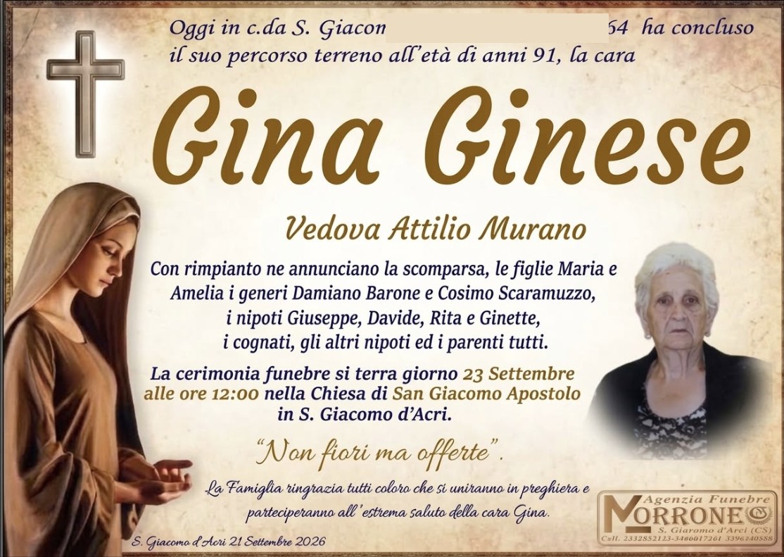 Necrologio di Gina Ginese