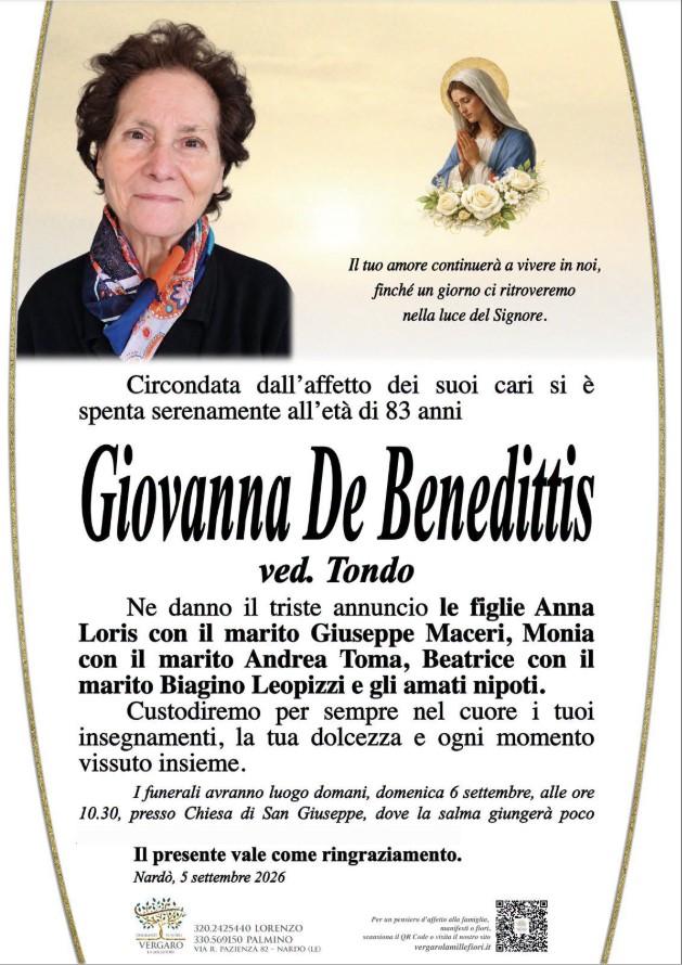 Necrologio di Giovanna De Benedittis