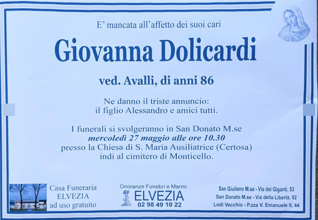 Necrologio di Giovanna Dolicardi