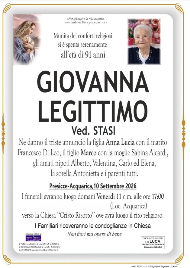 Necrologio di Giovanna Legittimo