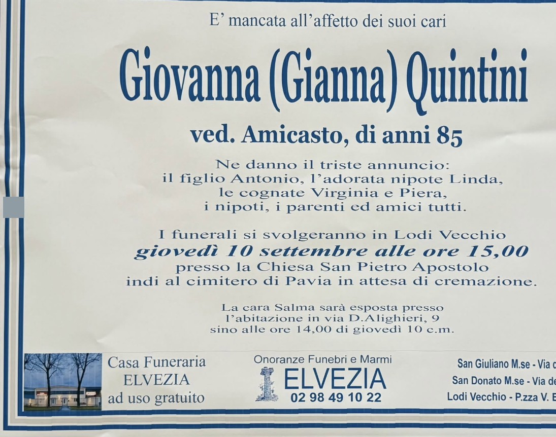 Necrologio di Giovanna Quintini