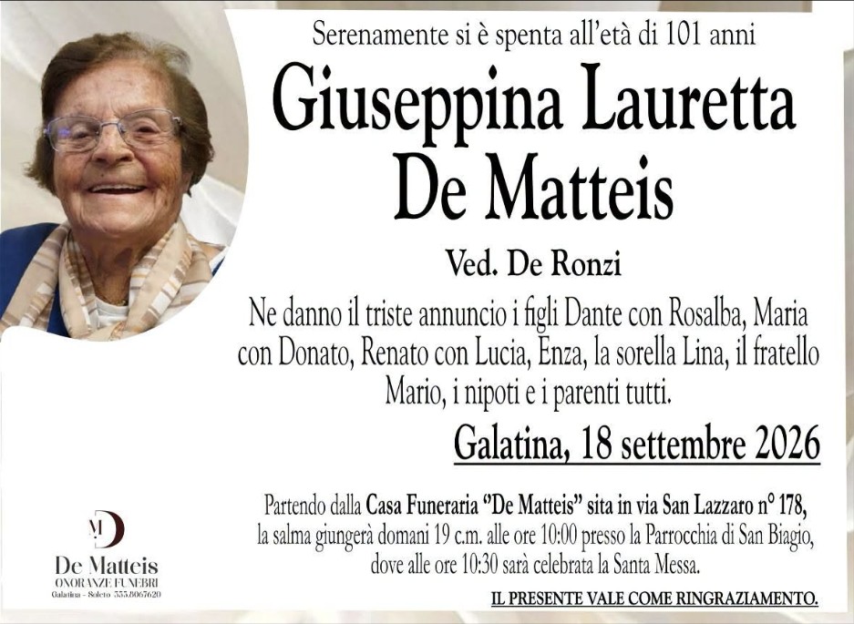 Necrologio di Giuseppina Lauretta De Matteis