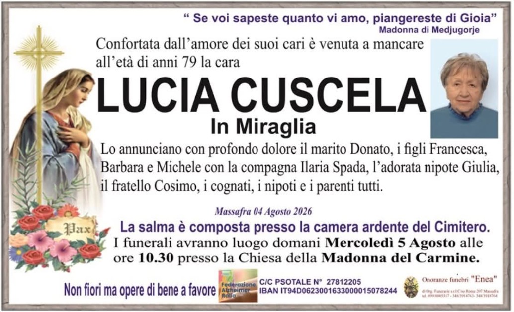 Necrologio di Lucia Cuscela