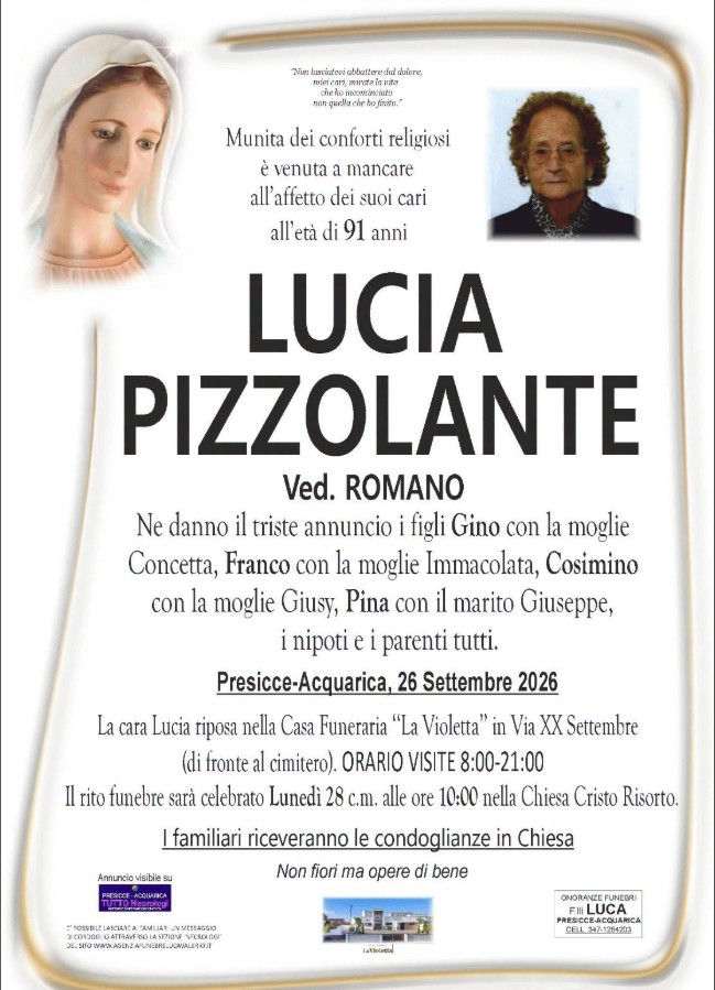Necrologio di Lucia Pizzolante