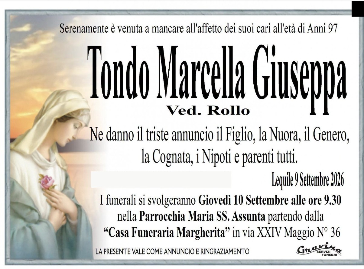 Necrologio di Marcella Giuseppa Tondo