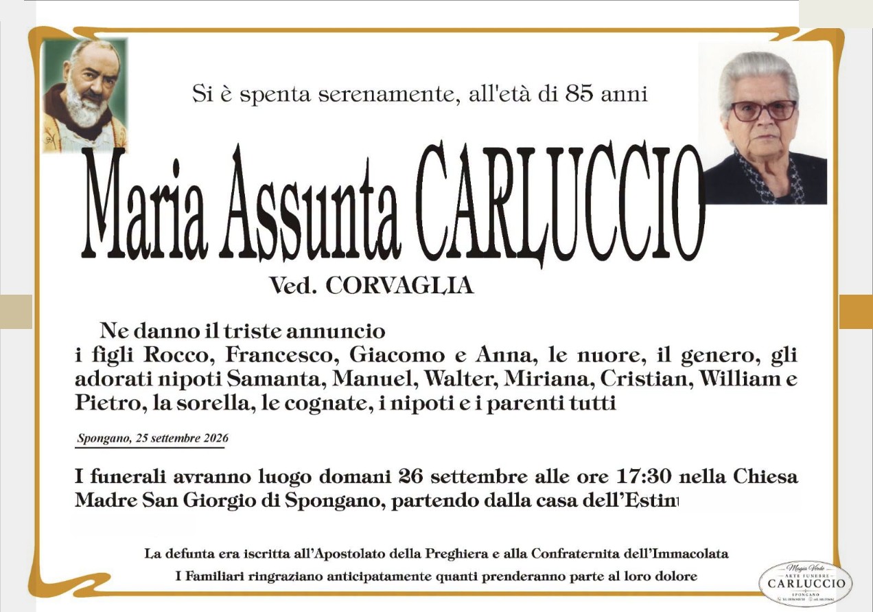 Necrologio di Maria Assunta Carluccio