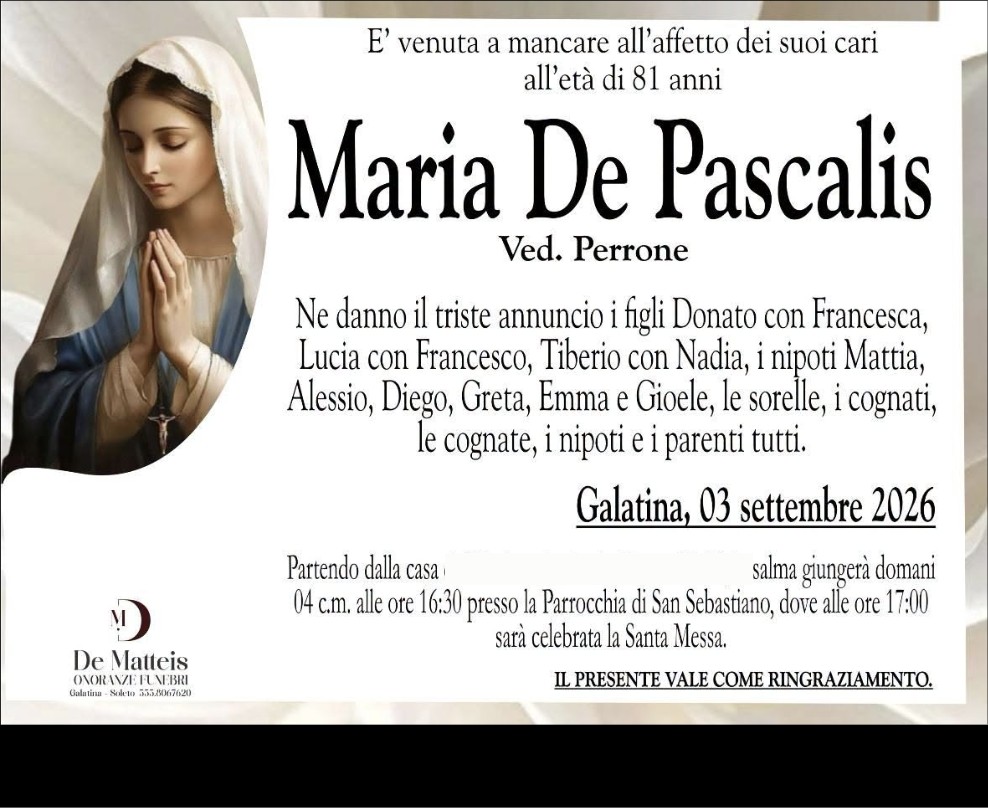 Necrologio di Maria De Pascalis