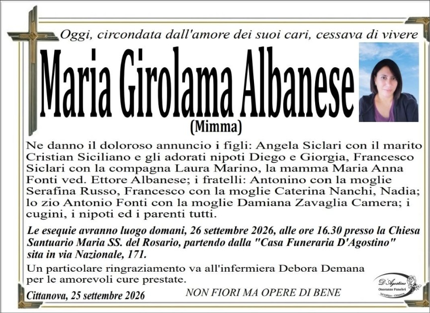 Necrologio di Maria Girolama Albanese