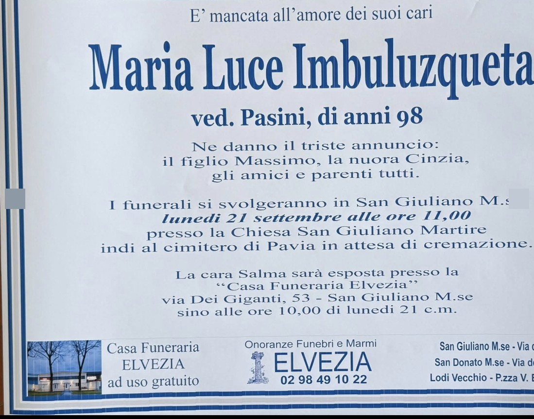 Necrologio di Maria Luce Imbuluzqueta