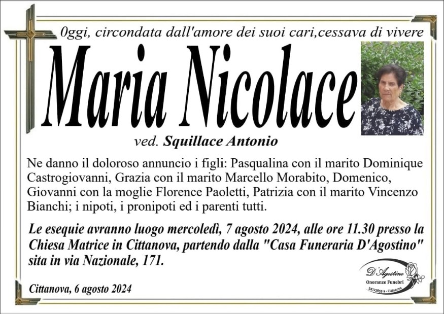 Necrologio di Maria Nicolace
