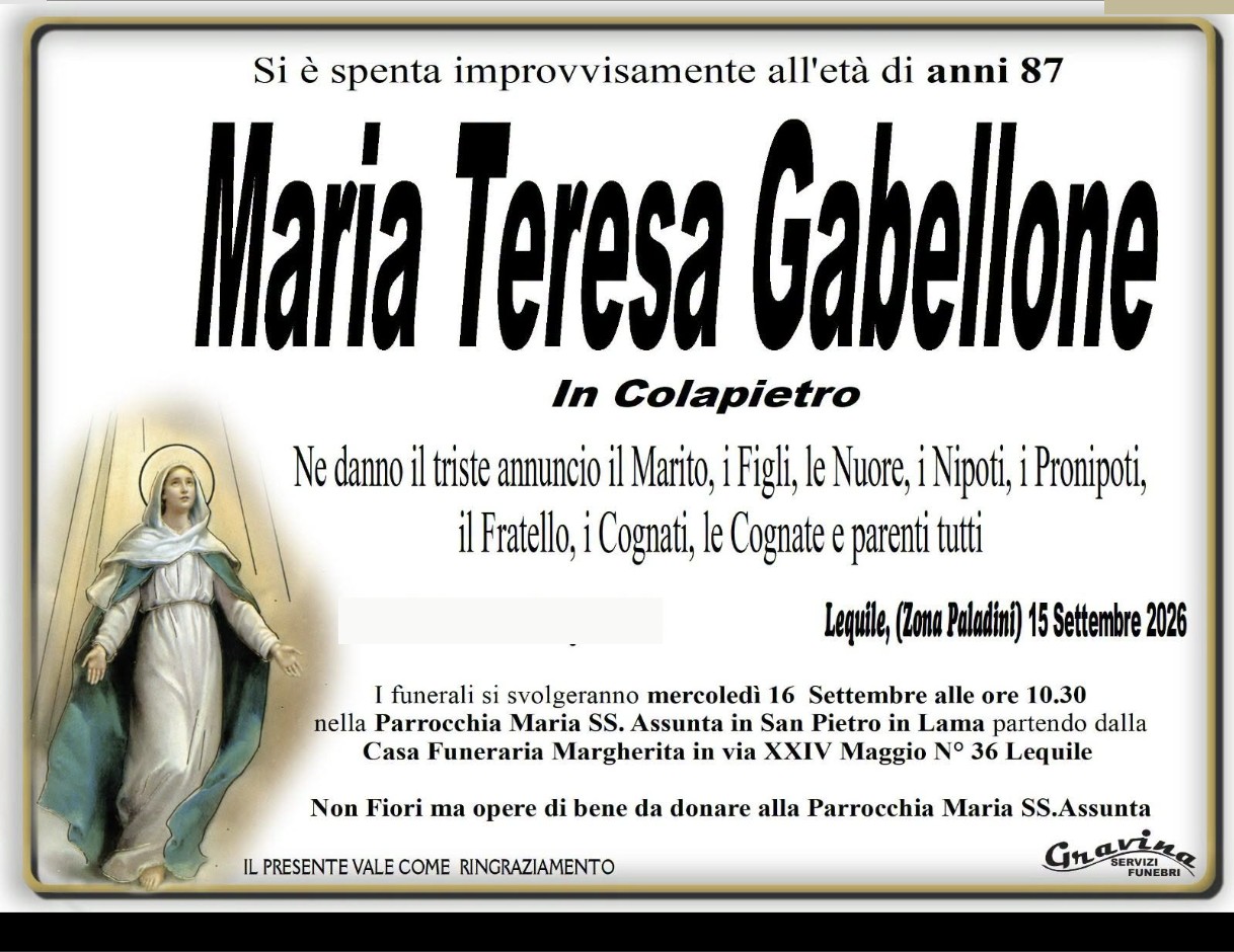 Necrologio di Maria Teresa Gabellone