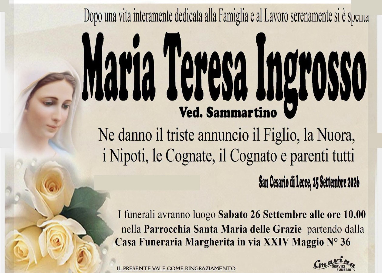 Necrologio di Maria Teresa Ingrosso