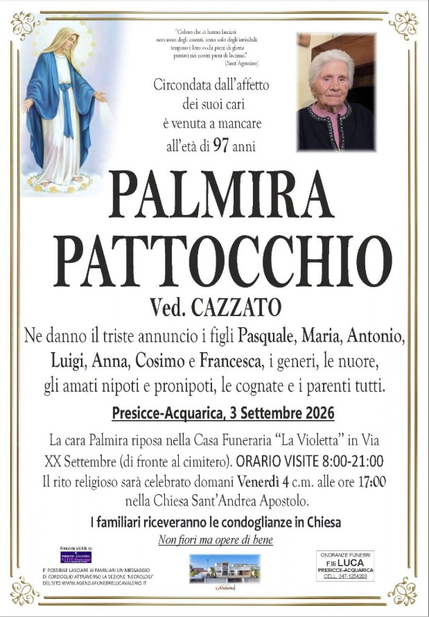 Necrologio di Palmira Pattocchio
