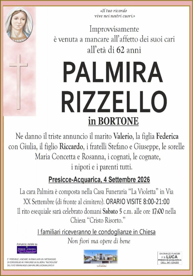 Necrologio di Palmira Rizzello