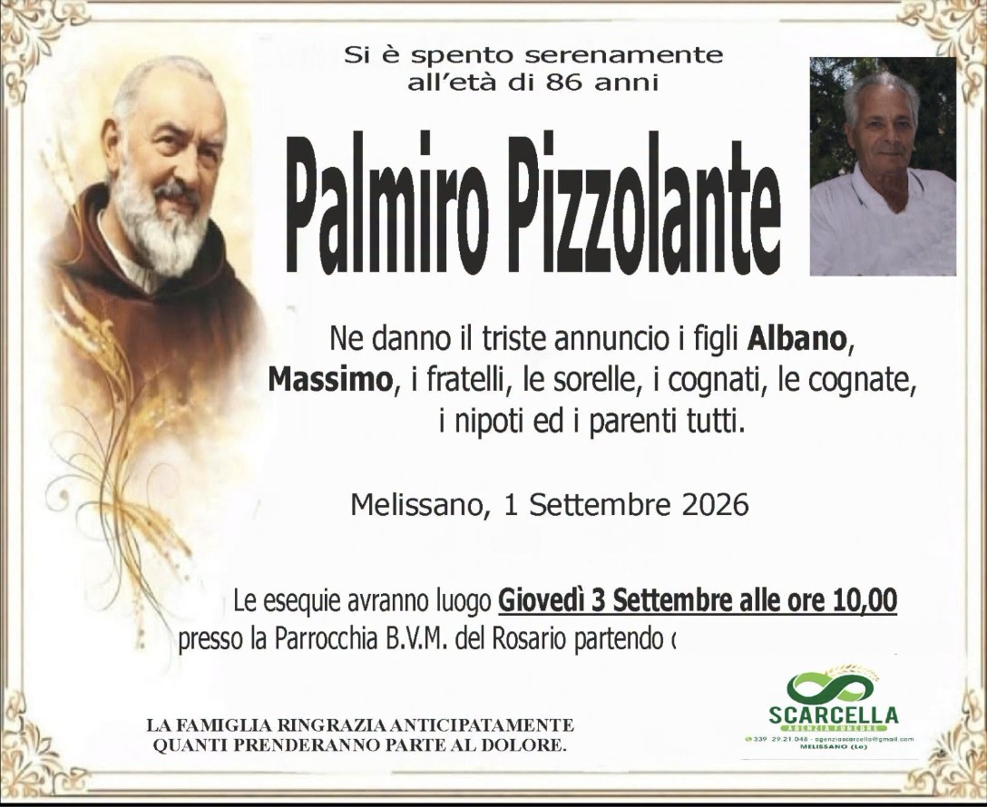 Necrologio di Palmiro Pizzolante