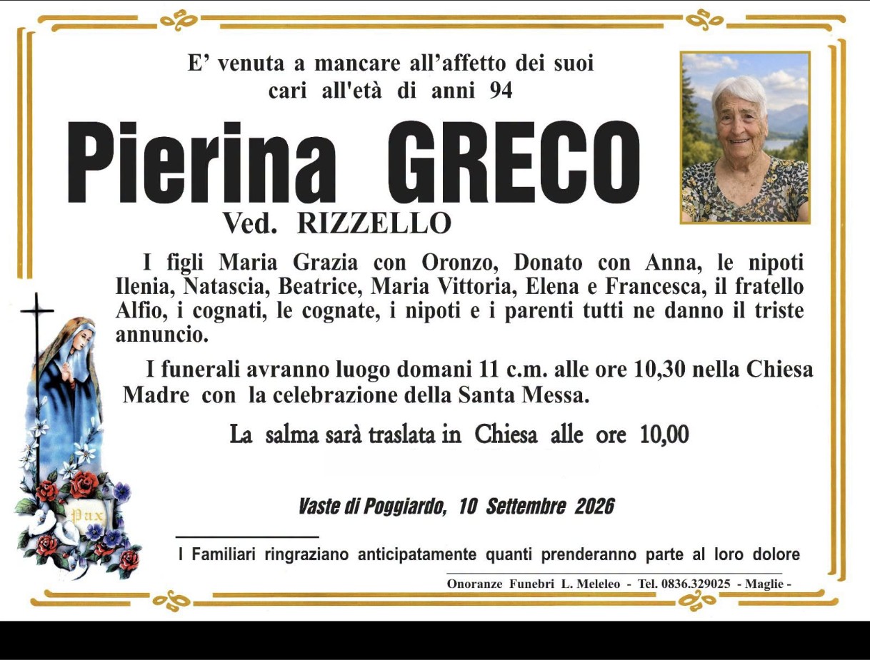 Necrologio di Pierina Greco