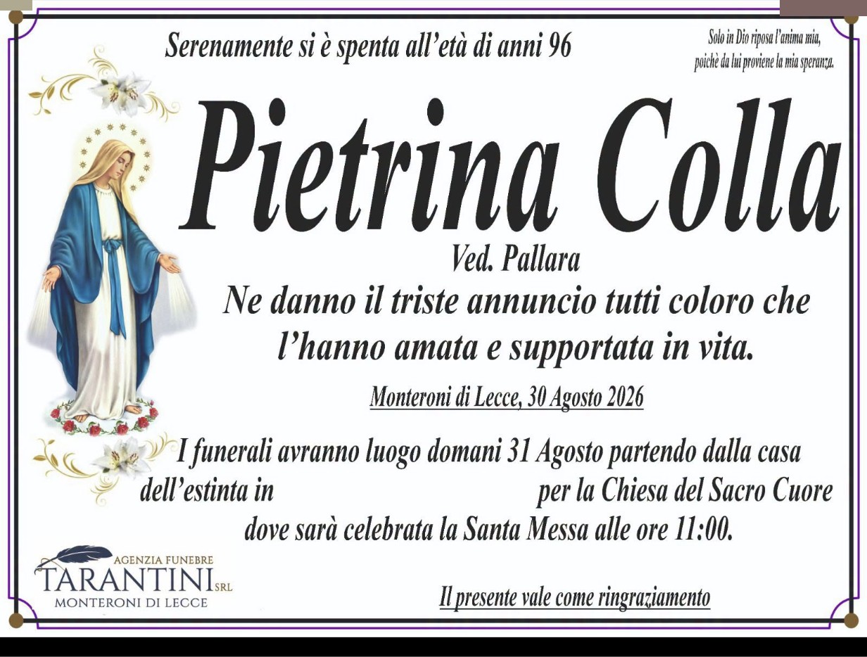 Necrologio di Pietrina Colla