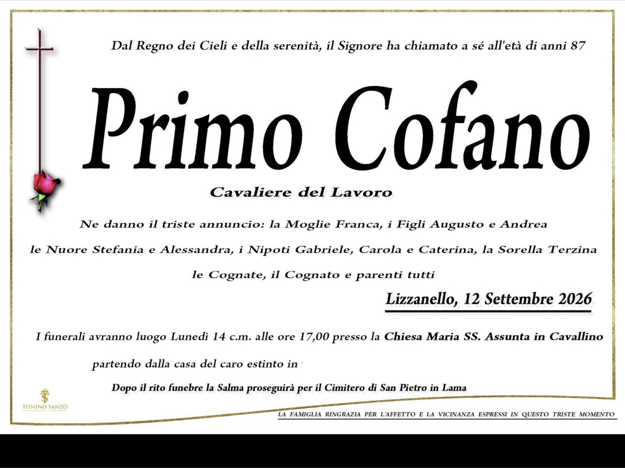 Necrologio di Primo Cofano