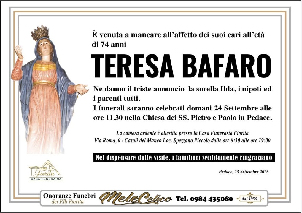 Necrologio di Teresa Bafaro