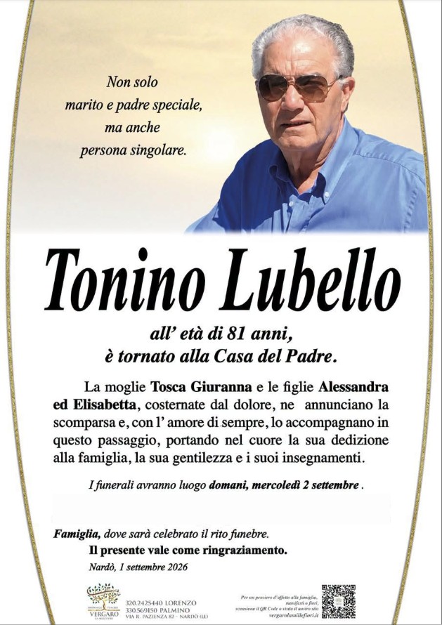 Necrologio di Tonino Lubello