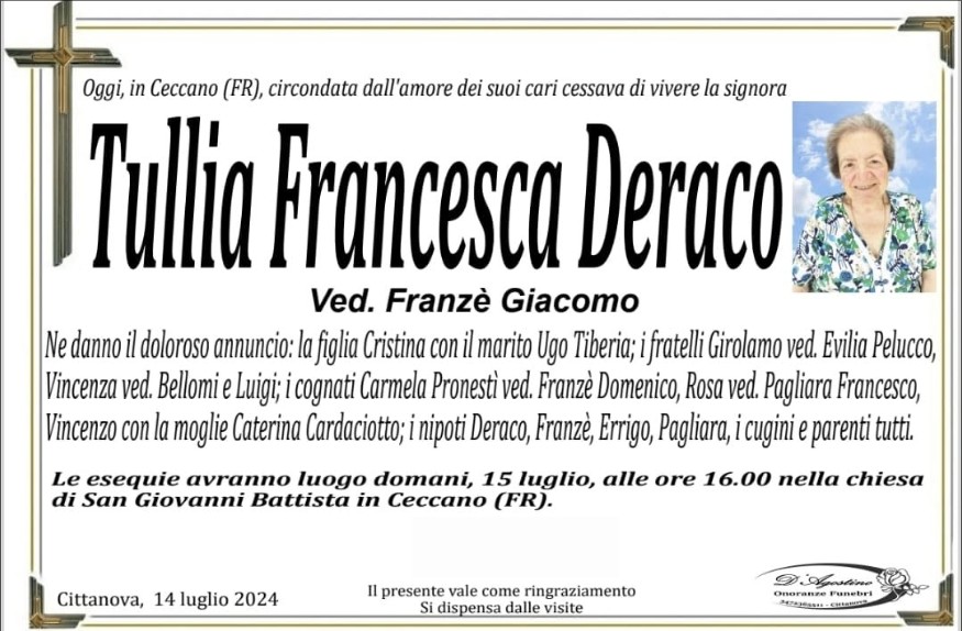 Necrologio di Tullia Francesca Deraco
