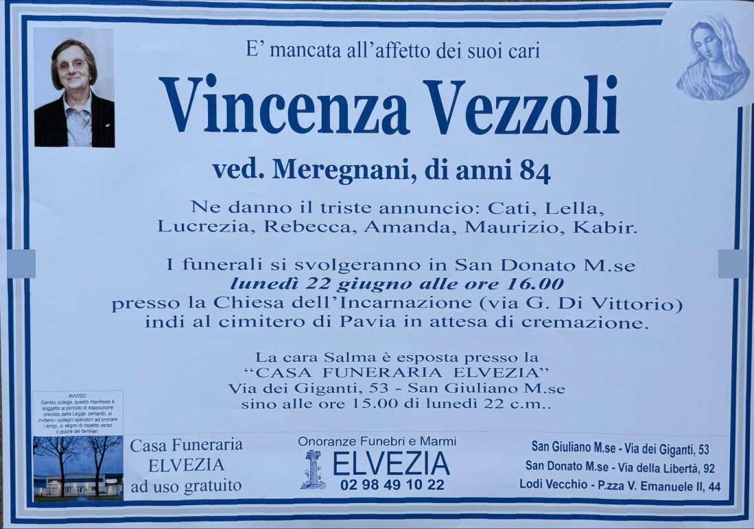 Necrologio di Vincenza Vezzoli